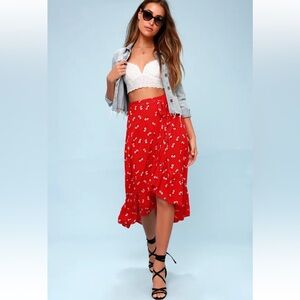 Billabong Dancing Til Dawn Red Floral Midi Wrap Skirt - Small